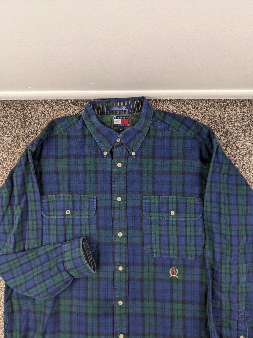 Vintage 90s Tommy Hilfiger Flannel Shirt Blackwatch Plaid Tartan Blue Mens Large